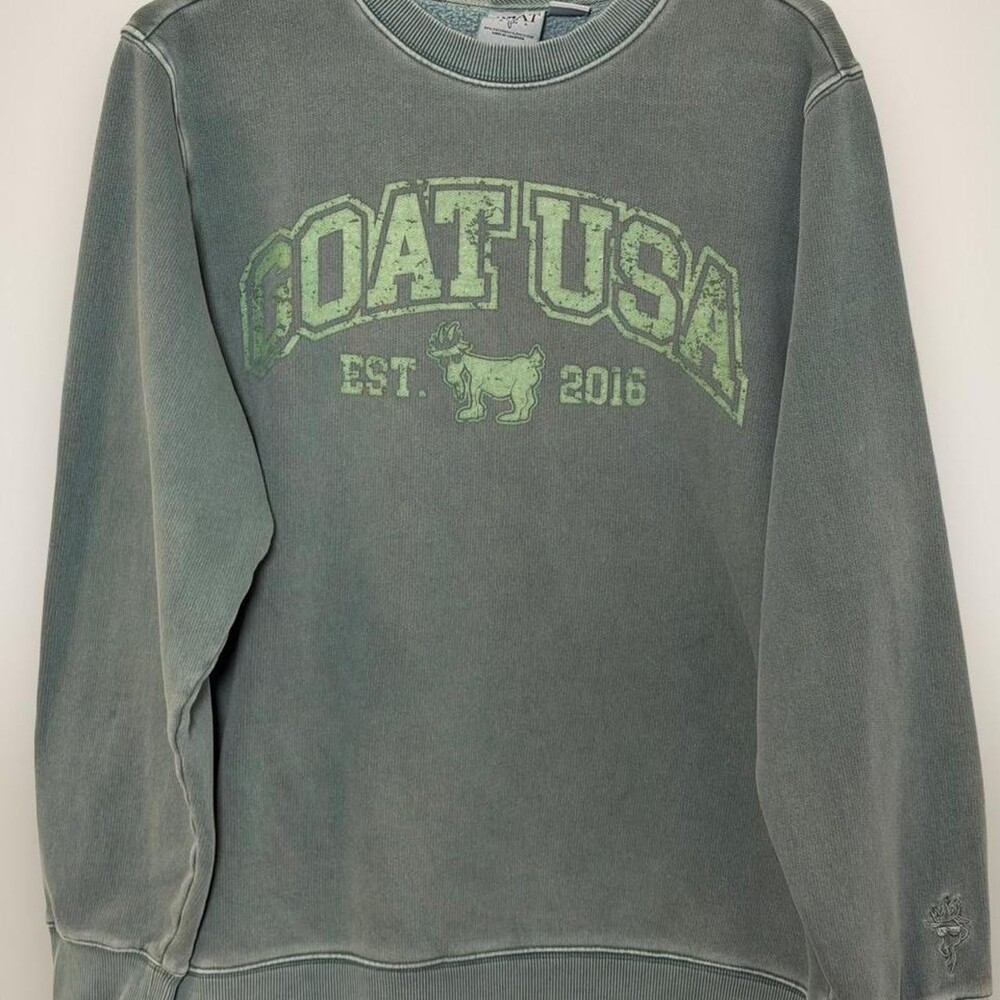 Vintage Goat USA crewneck sweatshirt with green 'GOAT USA EST. 2016' graphic and
